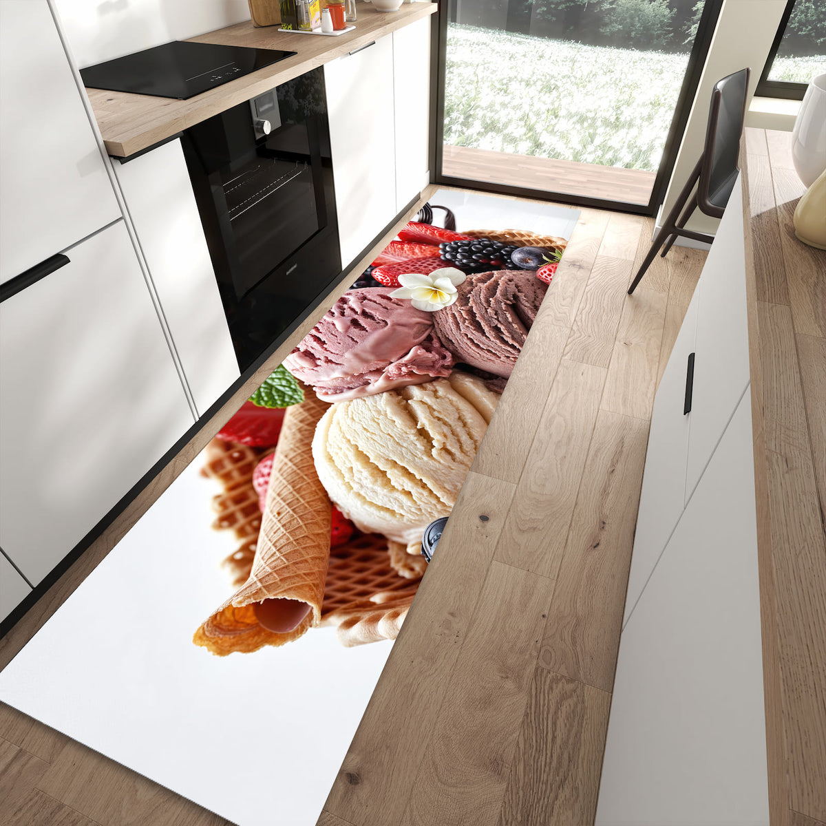 Bodenschonender rutschfester Küchenläufer mit Motiv Eiswaffelmit Obst in moderner Küche