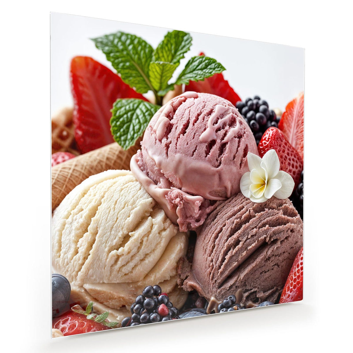 Drei Eiskugeln (Erdbeere, Vanille, Schokolade) umgeben von Erdbeeren, Brombeeren, Minze und einer weißen Blüte.