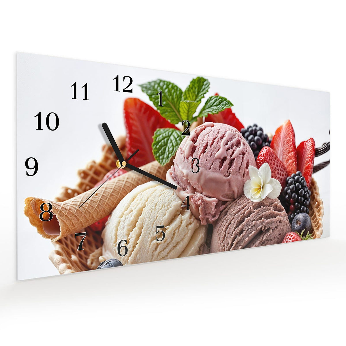 Vormontiert – mit Schwebeeffekt – Wanduhr Eiswaffelmit Obst aus Glas – Querformat 60 × 30 cm