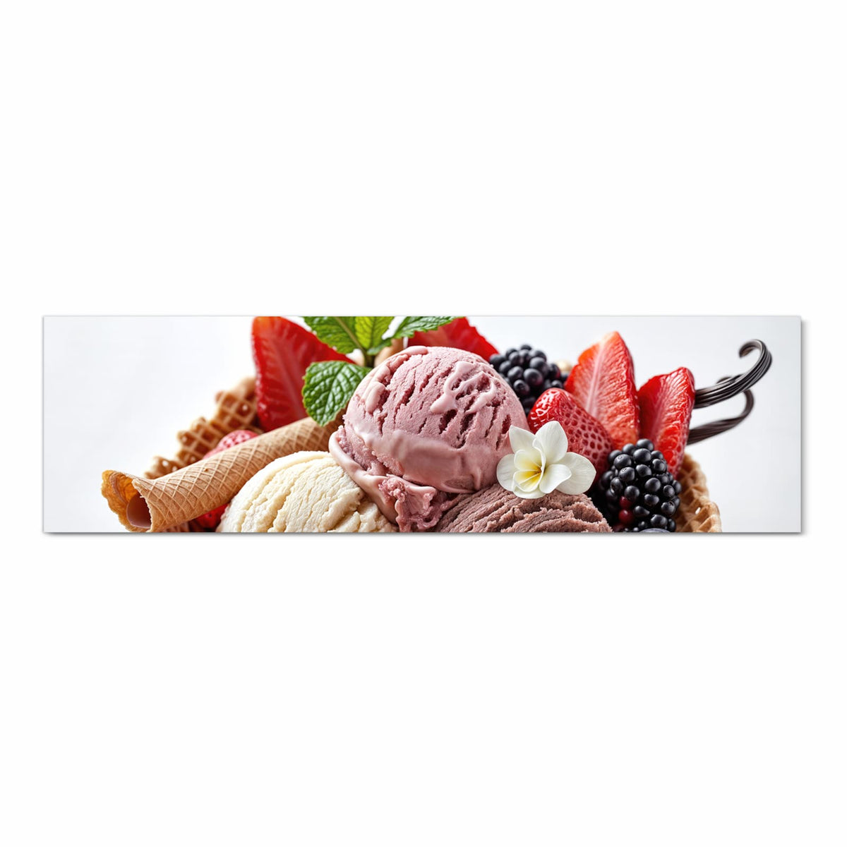 Schmutzabweisender Küchenteppich mit Motiv Eiswaffelmit Obst in Frontansicht