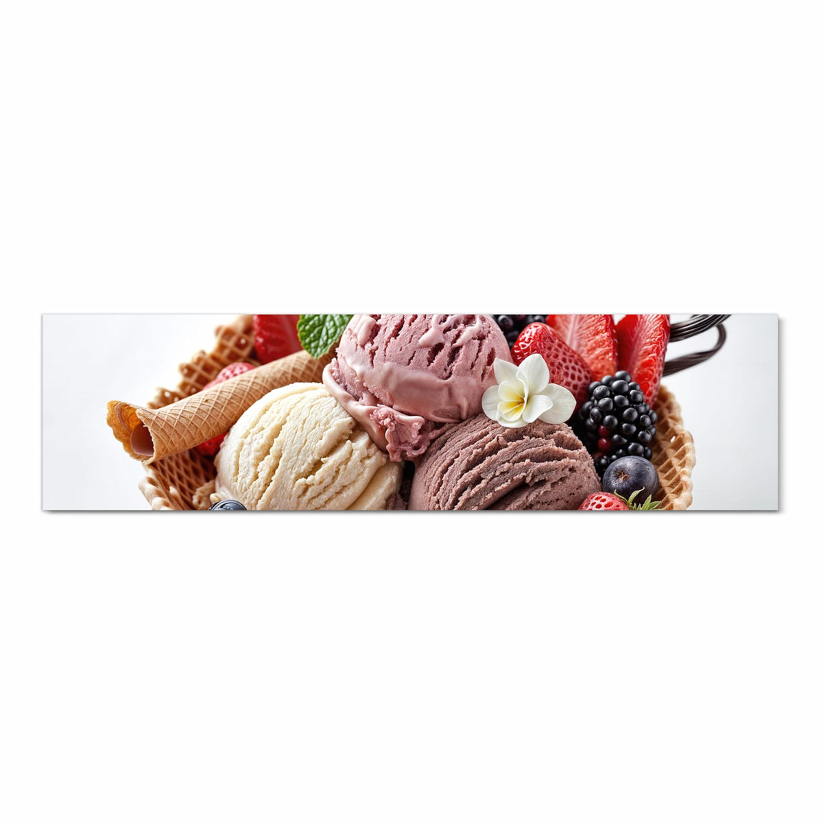 Geruchsneutraler waschbarer Küchenteppich mit Motiv Eiswaffelmit Obst in Frontansicht