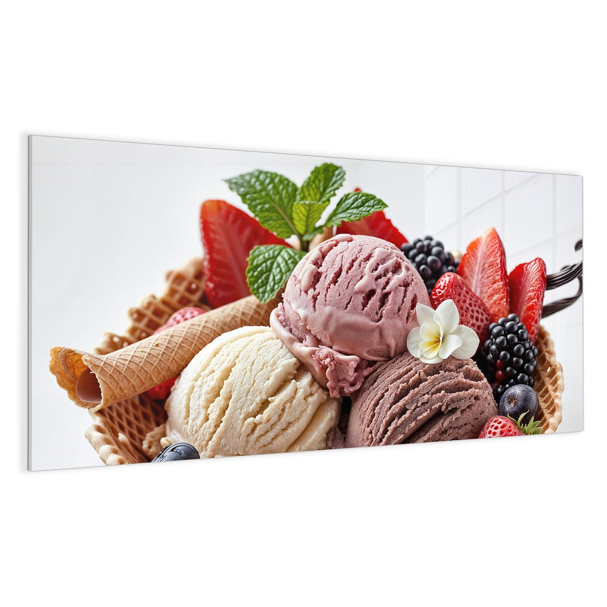 Drei Eiskugeln (Erdbeere, Vanille, Schokolade) umgeben von Erdbeeren, Brombeeren, Minze und einer weißen Blüte.