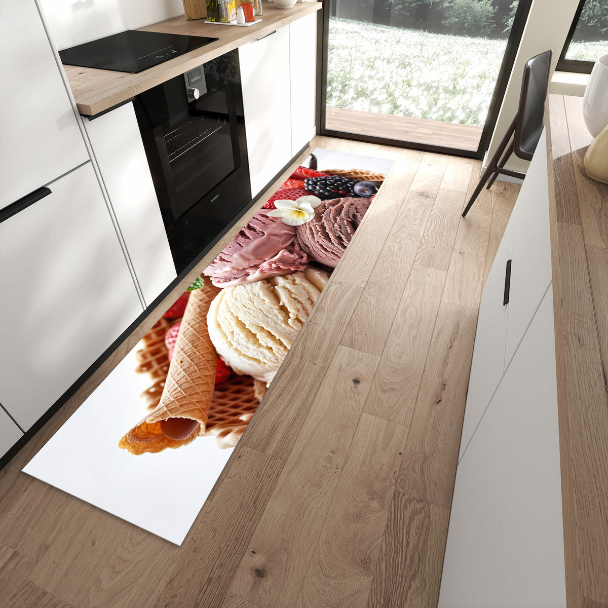 Waschbarer Küchenteppich mit Motiv Eiswaffelmit Obst in moderner Küche