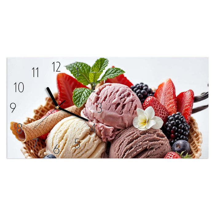 Wanduhr Eiswaffelmit Obst aus Glas – Querformat 60 × 30 cm mit Ziffernblatt Elegant