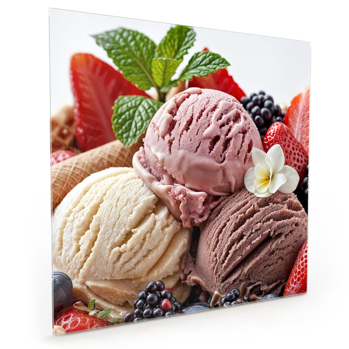 Küchenrückwand aus Glas im quadratischen Format mit Motiv Eiskugeln mit Beeren: Drei Eiskugeln (Erdbeere, Vanille, Schokolade) umgeben von Erdbeeren #grösse_40 x 40 cm #grösse_50 x 50 cm #grösse_60 x 60 cm
