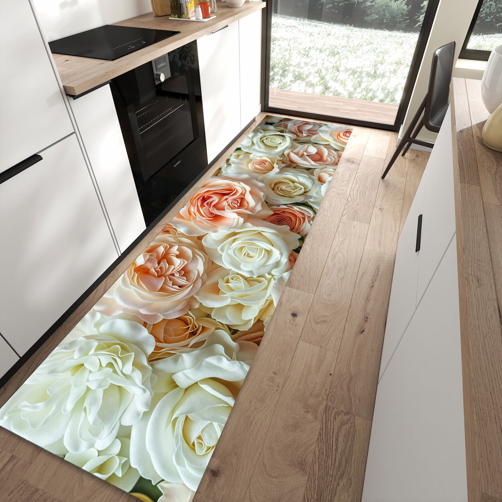 Pflegeleichter Küchenteppich mit Motiv Rosenbouquet in moderner Küche