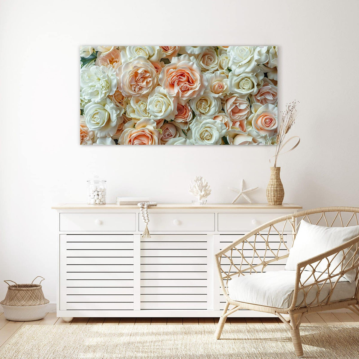 Echtglas, 4 mm – kein Acryl, keine Folie – Wandbild - Cremeweiße Rosen - Querformat