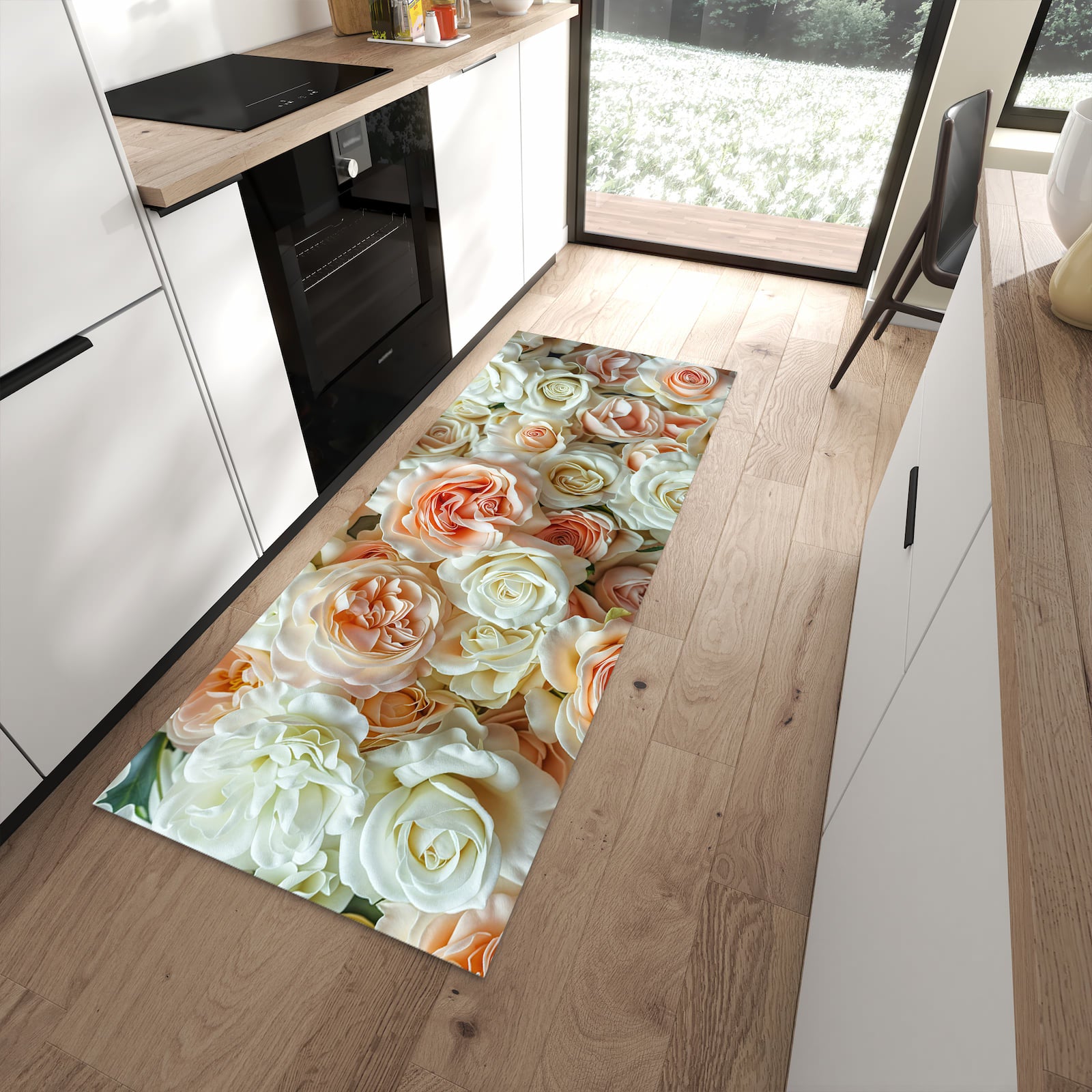 Geruchsneutraler Bodenläufer Teppich mit Motiv Rosenbouquet in moderner Küche