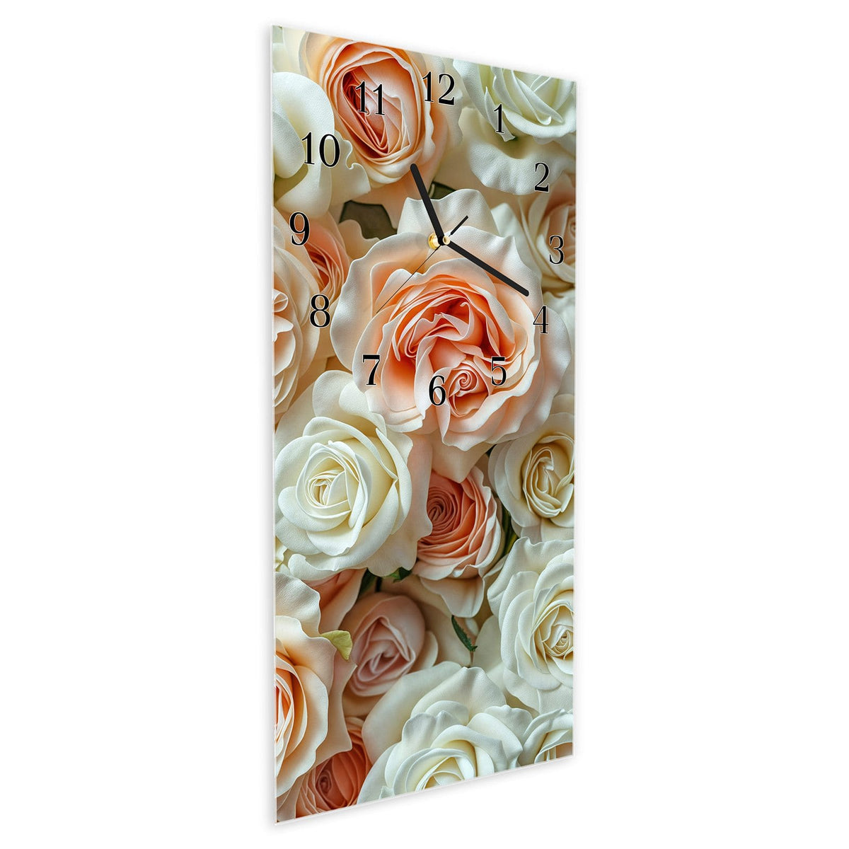 Wanduhr aus Glas im Hochformat Cremeweiße Rosen schräg von der Seite, 4 mm starkes Glas