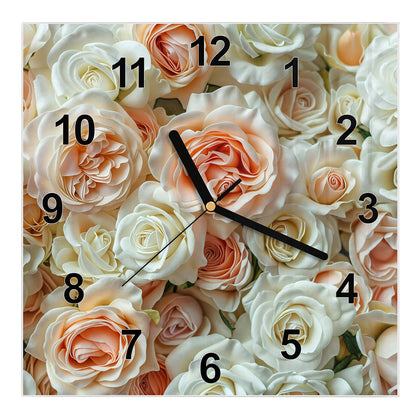 Wanduhr Quadratisch mit dem Motiv Cremeweiße Rosen