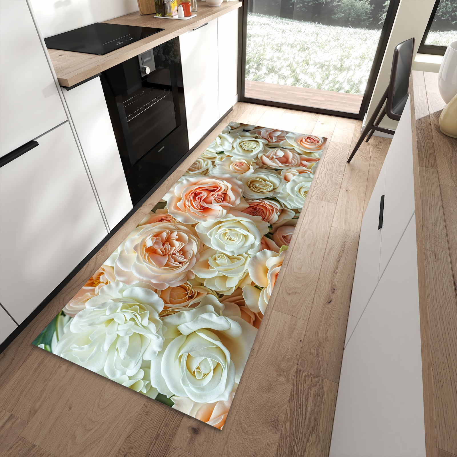 Rutschfester Küchenteppich mit Motiv Rosenbouquet in moderner Küche