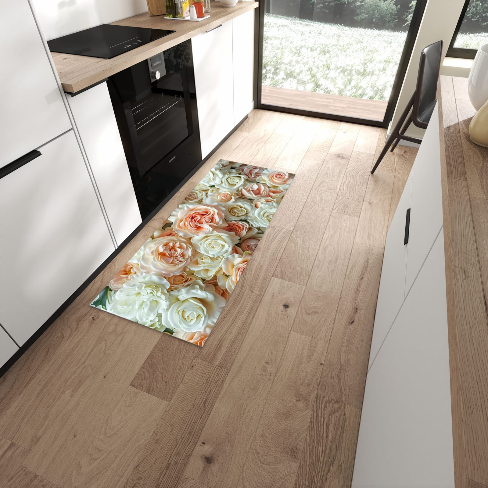 Abriebfester Küchenteppich mit Motiv Rosenbouquet in moderner Küche #grösse_60 x 150 cm