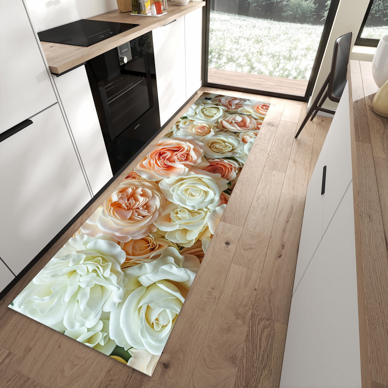 Flacher Küchenteppich mit Motiv Rosenbouquet in moderner Küche - waschbar