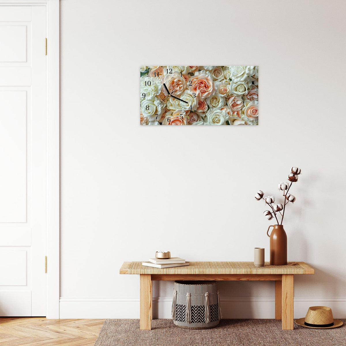 Moderne Wanduhr aus Glas mit Farbtiefe – Wanduhr Rosenbouquet aus Glas – Querformat 60 × 30 cm