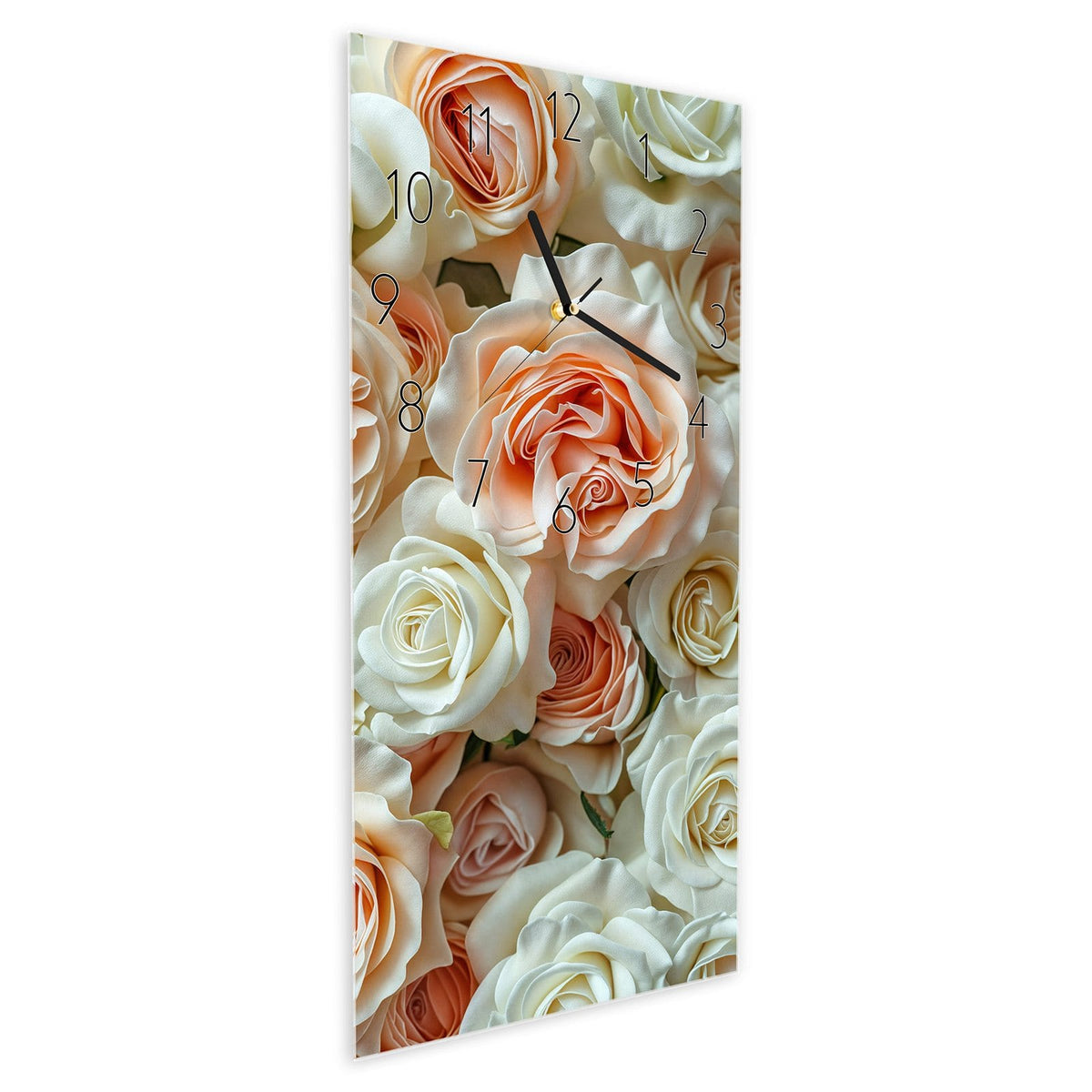 Wanduhr aus Glas im Hochformat Cremeweiße Rosen schräg von der Seite, 4 mm starkes Glas