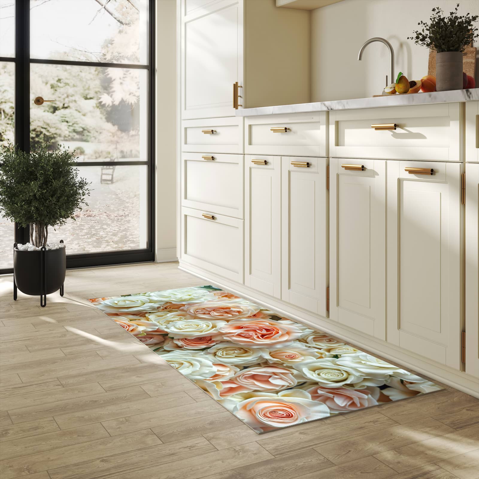Geruchsneutraler waschbarer Läufer für die Küche mit Motiv Rosenbouquet in heller Küche