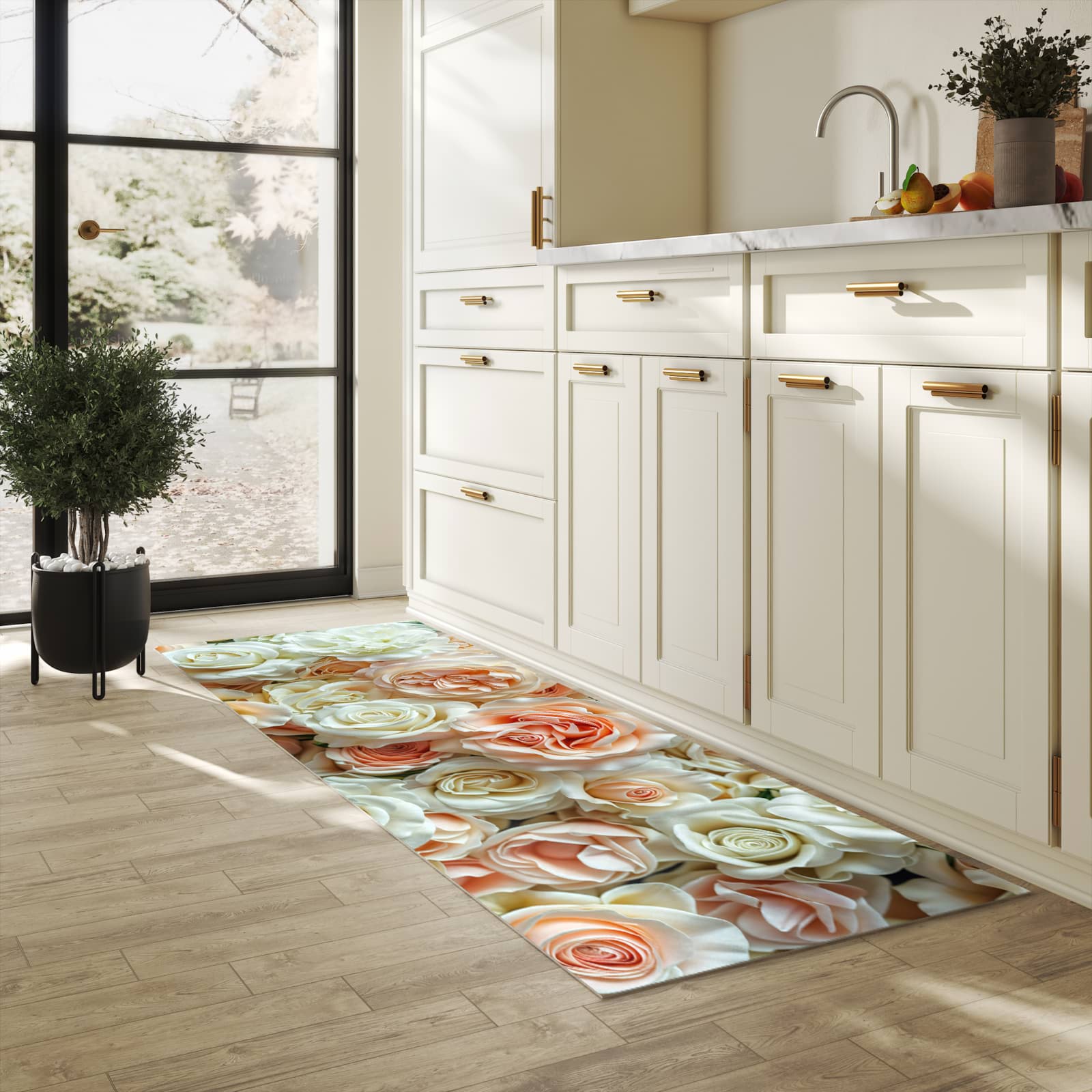 Langlebiger waschbarer Küchenläufer mit Motiv Rosenbouquet in heller Küche