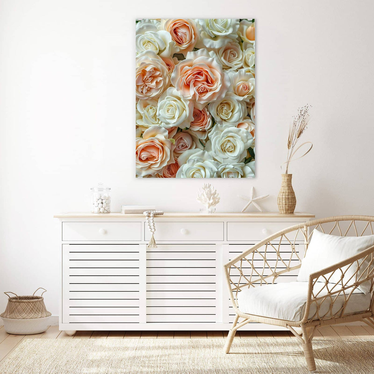 Aufhängung liegt bei – Motiv später wechselbar – Wandbild - Cremeweiße Rosen - Hochformat