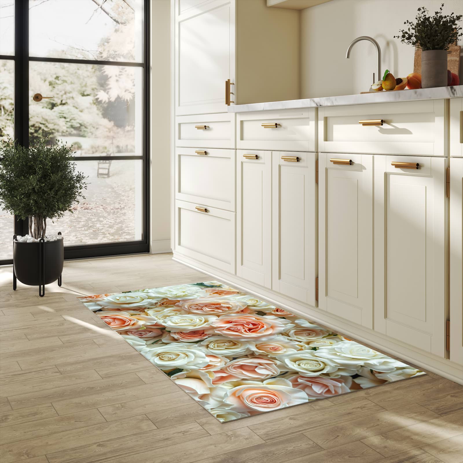 Komfortabler Läufer mit Motiv Rosenbouquet in heller Küche für rutschfesten Stand