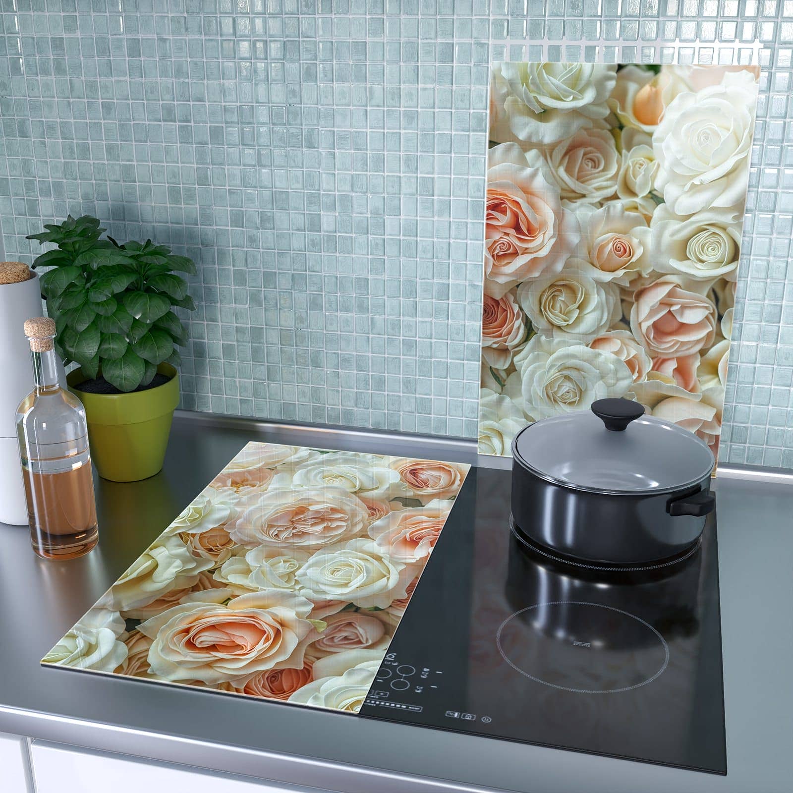 2-teilige Abdeckplatte Ceranfeld mit Rosenbouquet-Motiv als Spritzschutz hinter dem Kochfeld