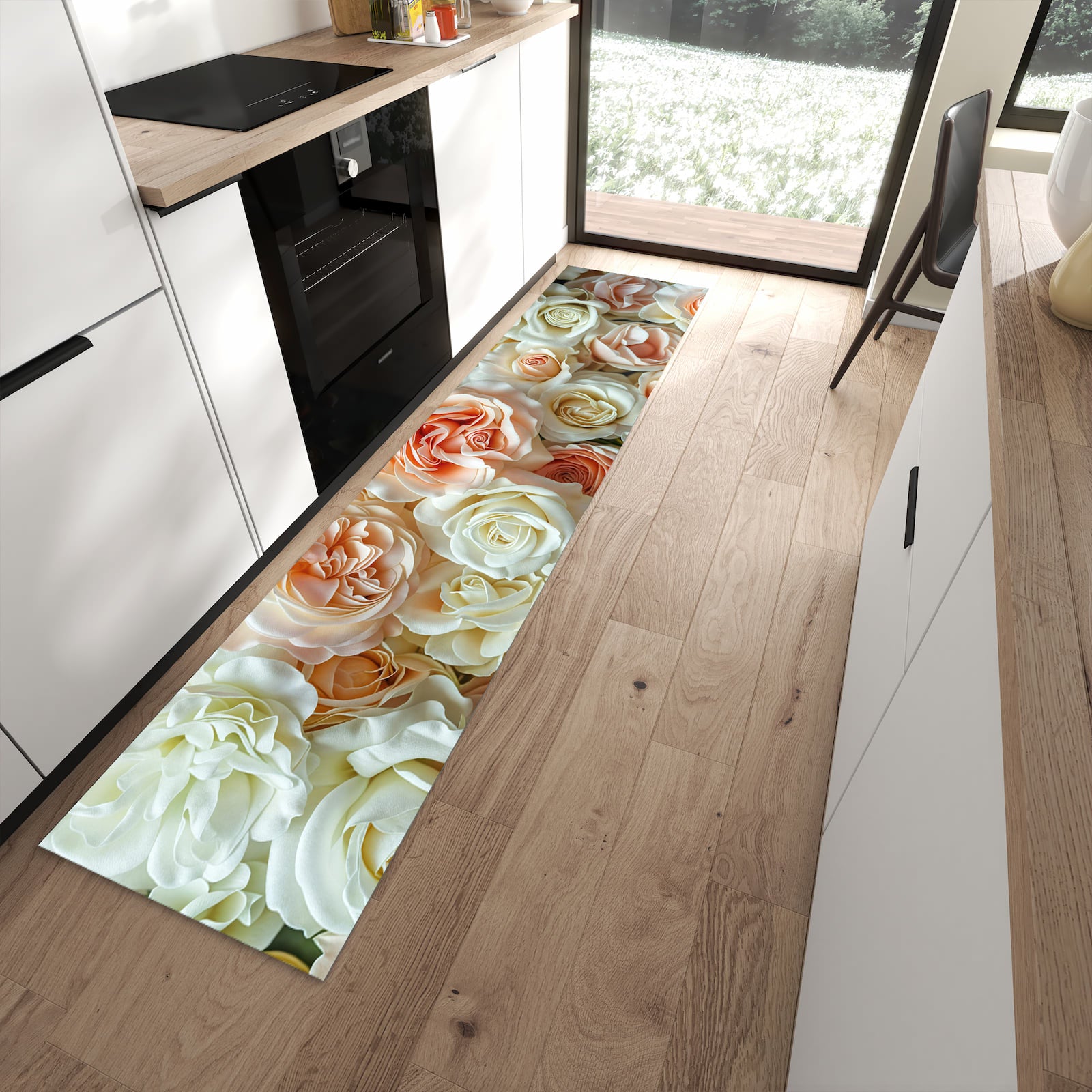 Wasserabweisender Teppich für Esstisch mit Motiv Rosenbouquet in moderner Küche