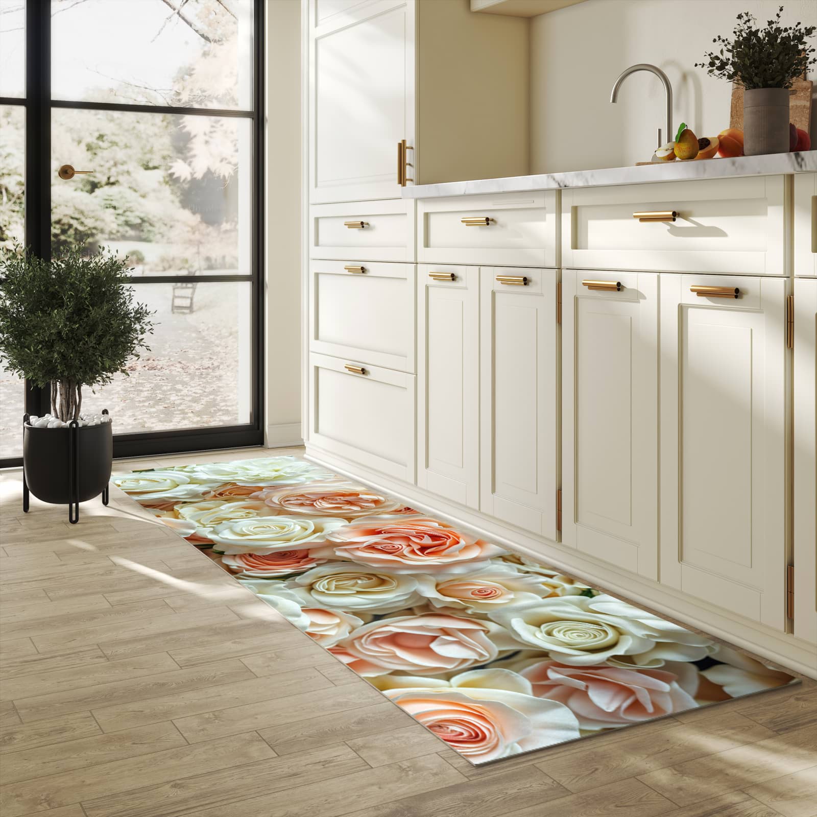 Flacher Küchenläufer mit Motiv Rosenbouquet in heller Küche für lange Teppiche