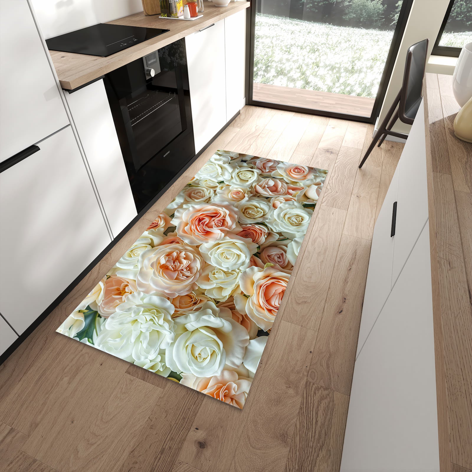 Komfortabler rutschfester Küchenteppich mit Motiv Rosenbouquet in moderner Küche