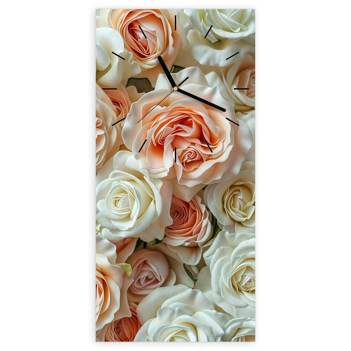Wanduhr aus Glas, Ziffernblatt Linie: Flächenfüllende Rosenwand in Creme, Weiß und Apricot, Draufsicht ohne Strauß