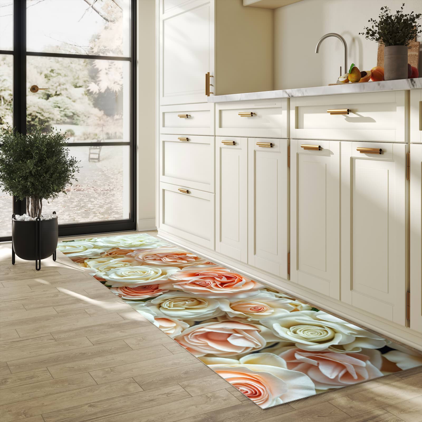 Pflegeleichter Läufer für Eingangsbereich mit Motiv Rosenbouquet in heller Küche