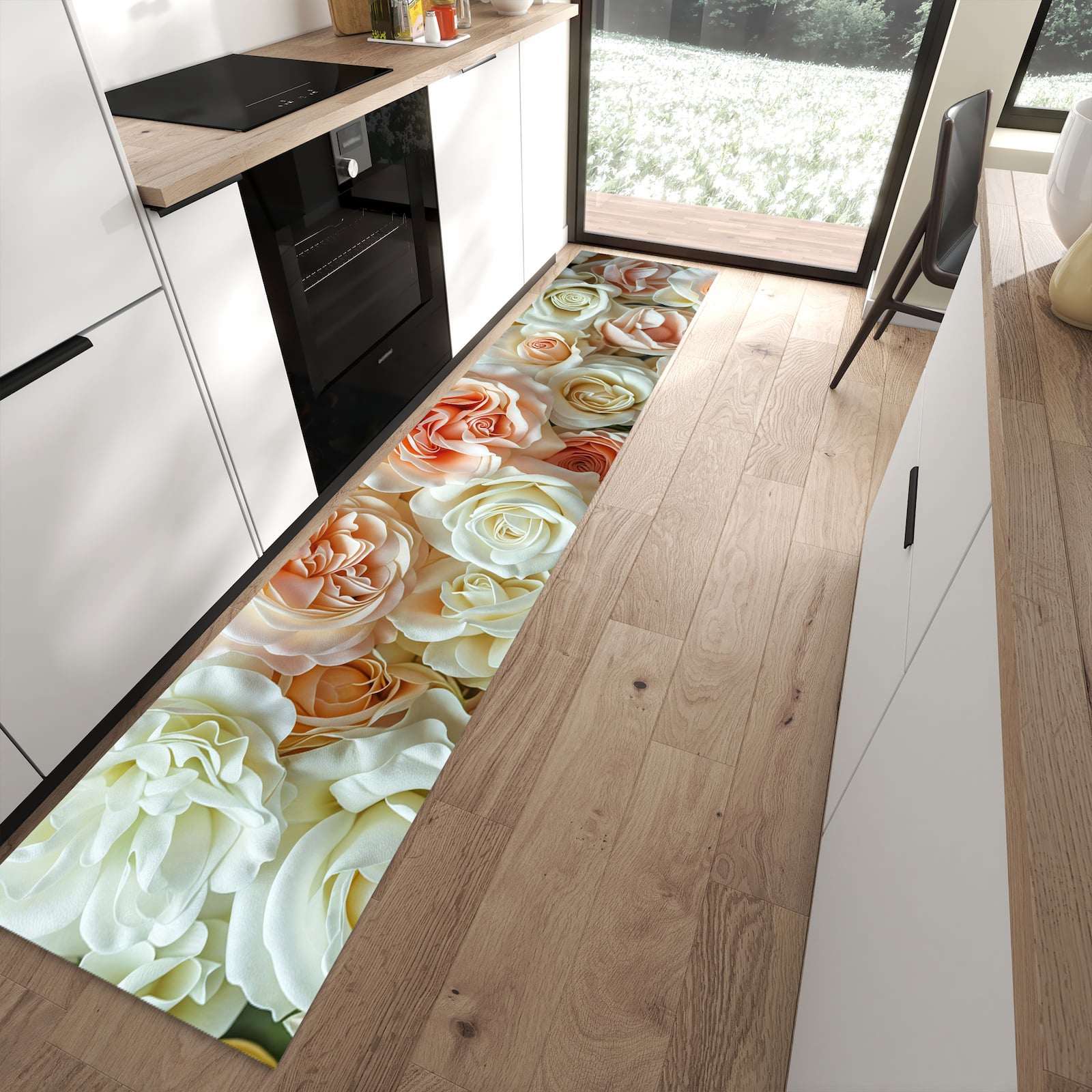 Fleckenresistenter rutschfester Küchenteppich mit Motiv Rosenbouquet in moderner Küche