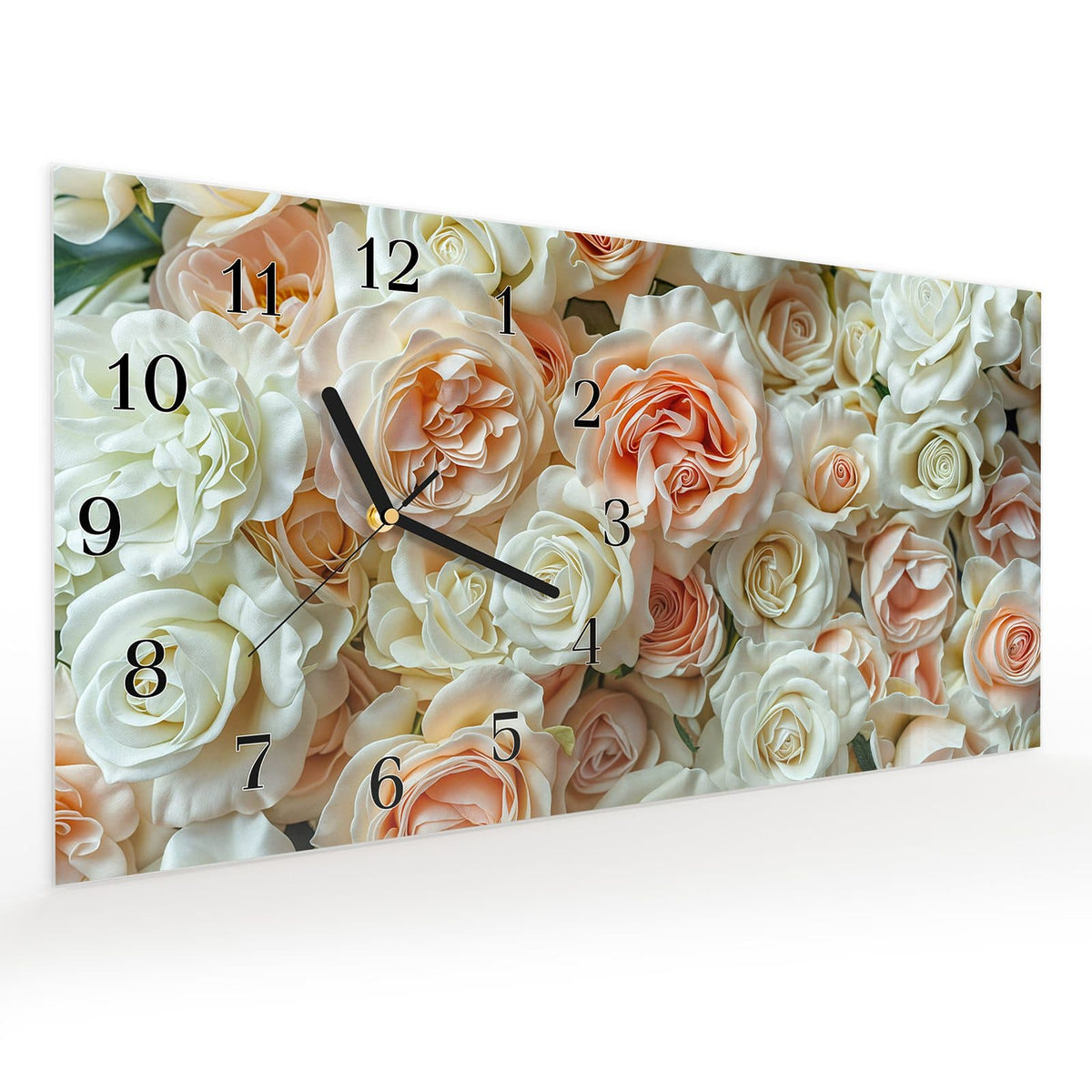 Vormontiert – mit Schwebeeffekt – Wanduhr Rosenbouquet aus Glas – Querformat 60 × 30 cm