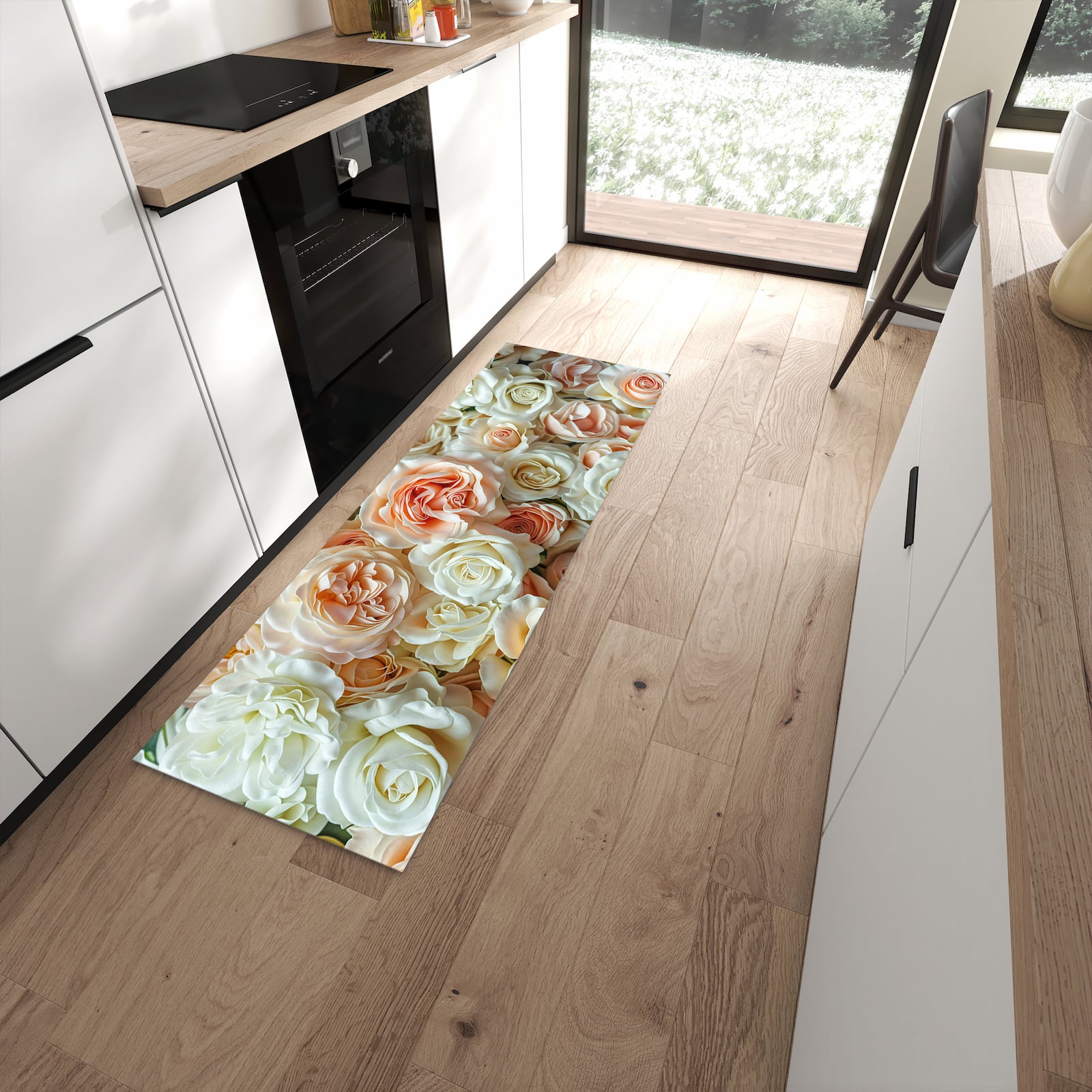 UV-beständiger waschbarer Küchenteppich mit Motiv Rosenbouquet in moderner Küche