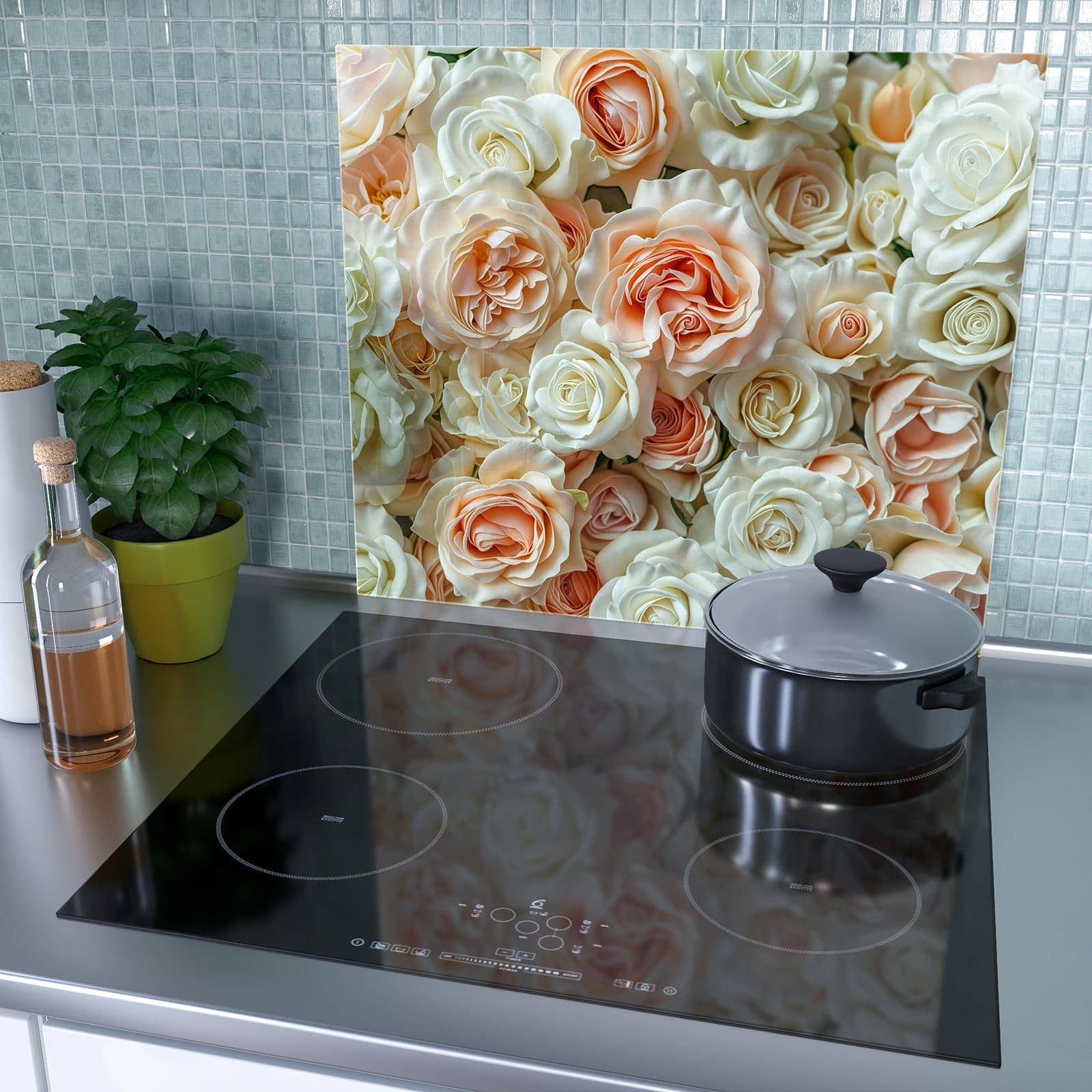 1-teilige Herdabdeckplatte aus Glas mit Rosenbouquet-Motiv als Spritzschutz hinter dem Kochfeld