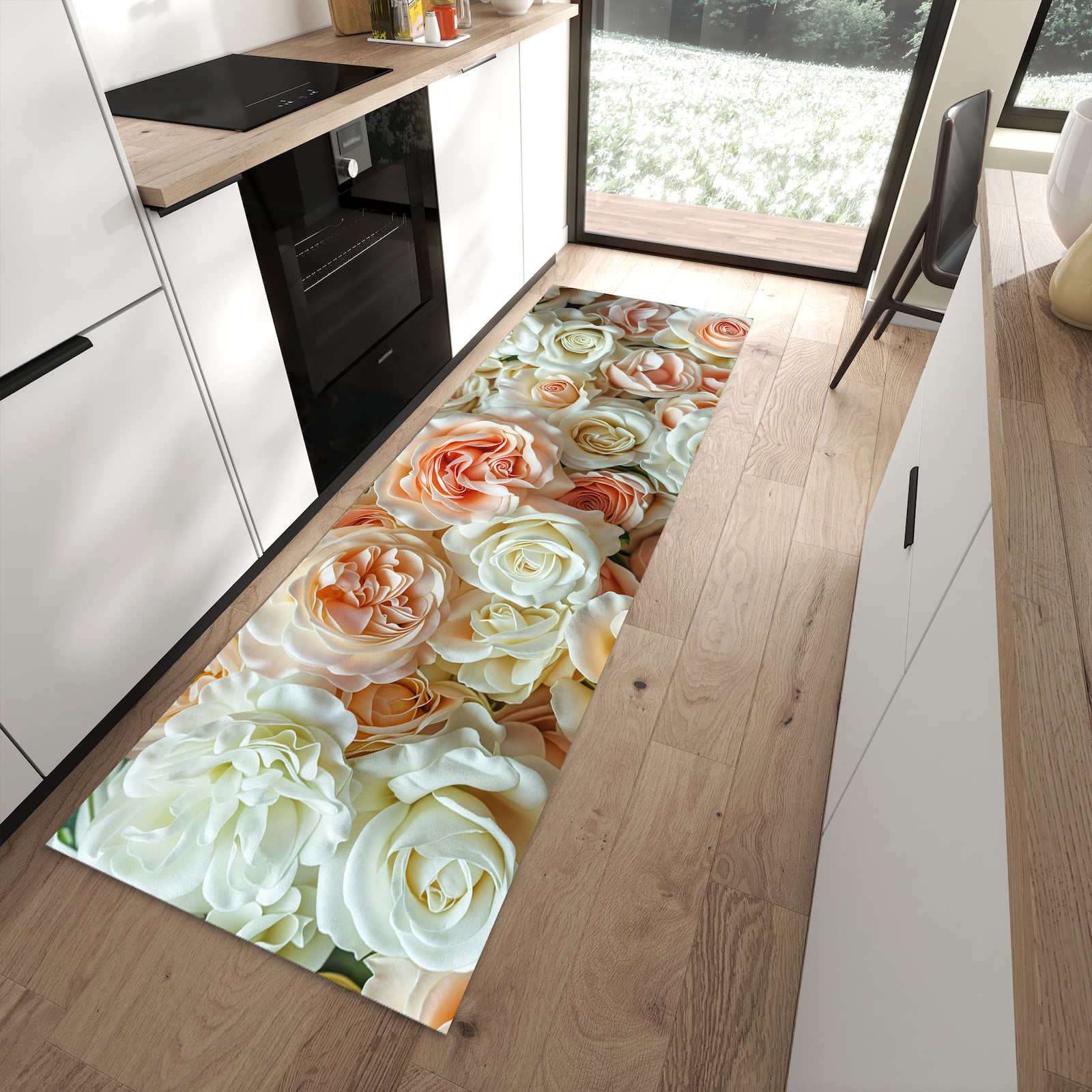 Langlebiger Küchenteppich mit Motiv Rosenbouquet in moderner Küche