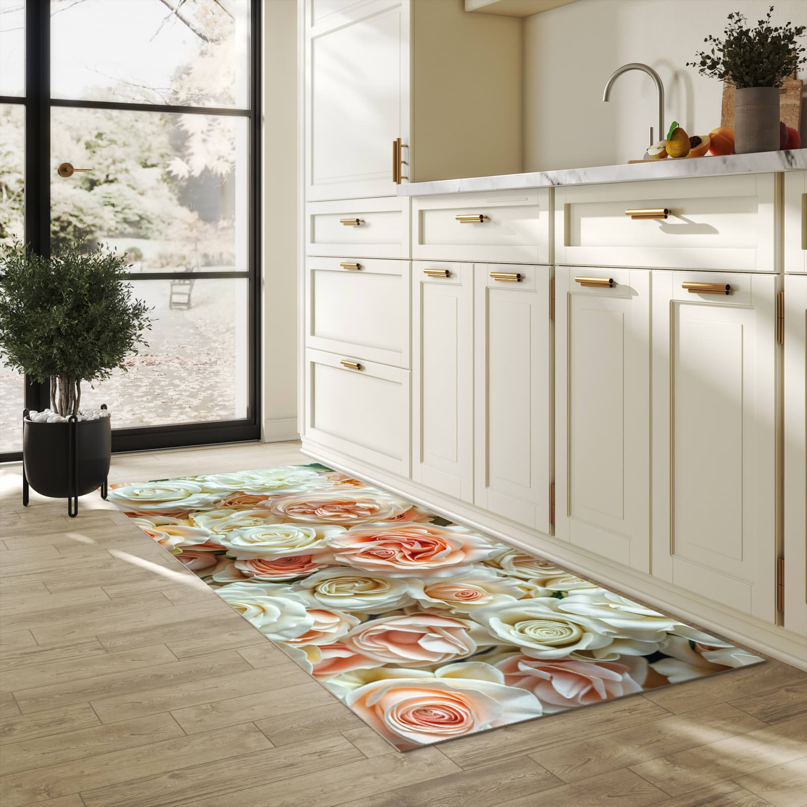 Rutschhemmender dünner Teppich mit Motiv Rosenbouquet in heller Küche