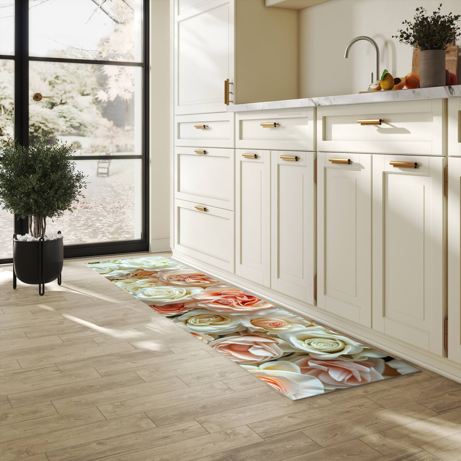 Wasserabweisender Küchenläufer mit Motiv Rosenbouquet in heller Küche