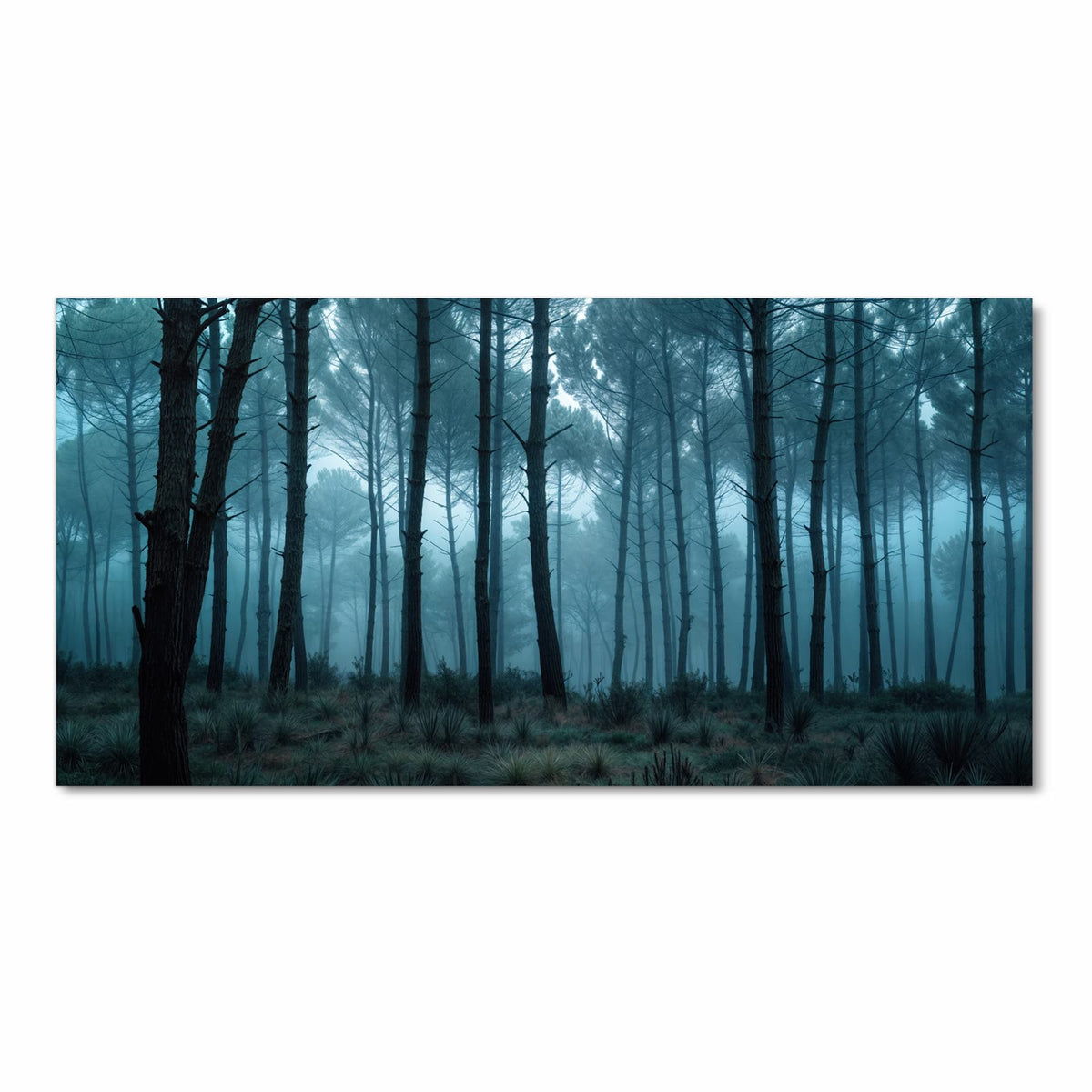 Bodenschonender Küchenteppich mit Motiv Nebeliger Wald in Frontansicht
