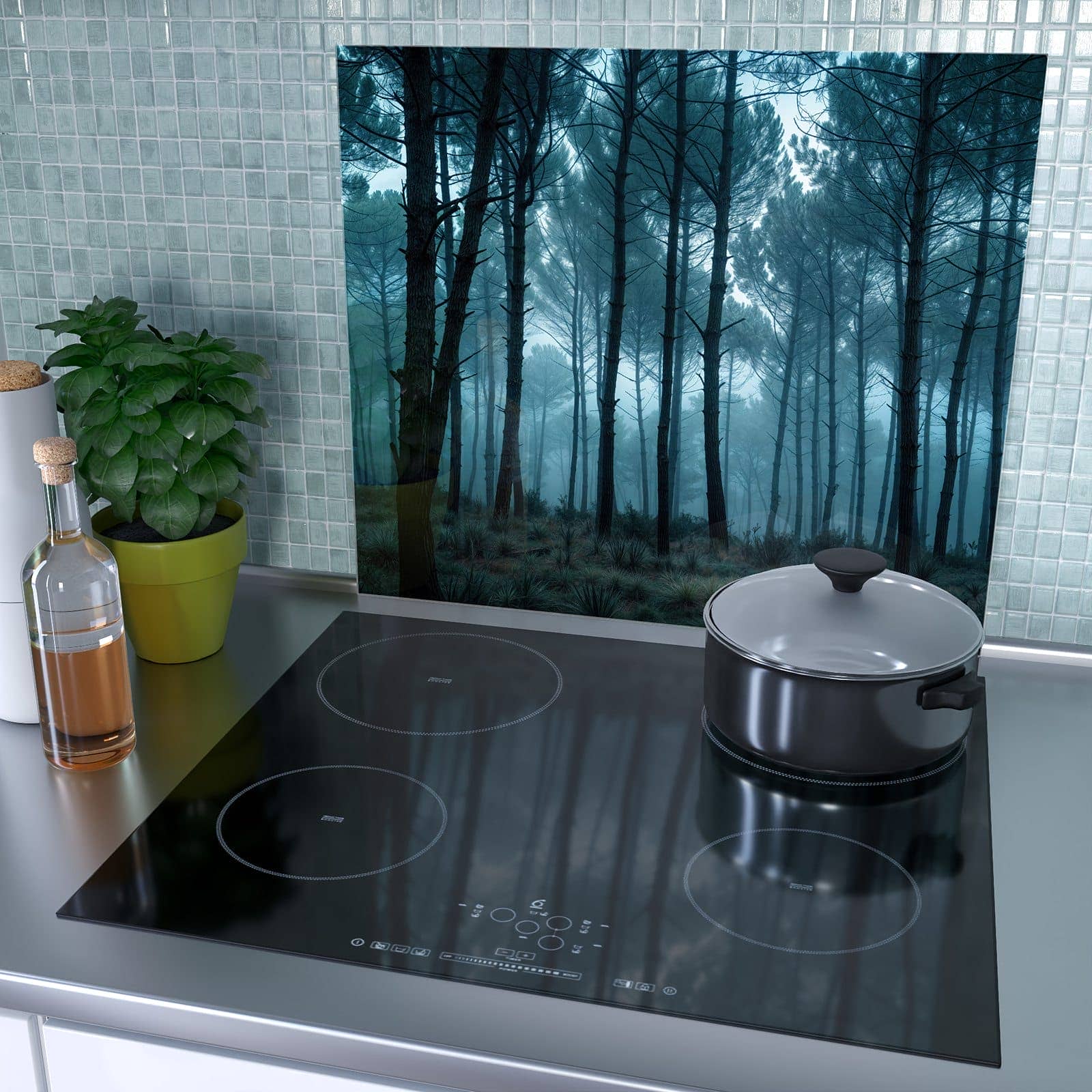 1-teilige Herdabdeckung aus Glas mit Nebeliger Wald-Motiv als Spritzschutz hinter dem Kochfeld