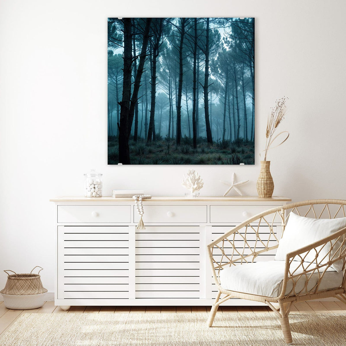 Echtglas, 4 mm – kein Acryl, keine Folie – Wandbild - Nebeliger Wald - Quadratisch