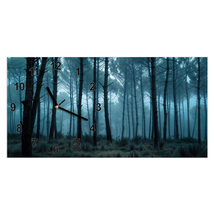 Wanduhr Nebeliger Wald aus Glas – Querformat 60 × 30 cm mit Ziffernblatt Modern