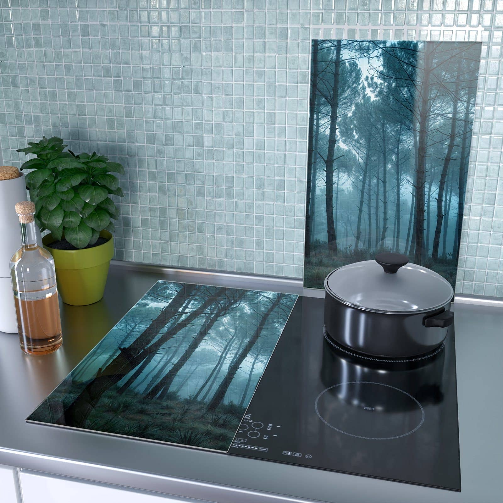 2-teilige Abdeckplatte Induktionsherd mit Nebeliger Wald-Motiv als Spritzschutz hinter dem Kochfeld
