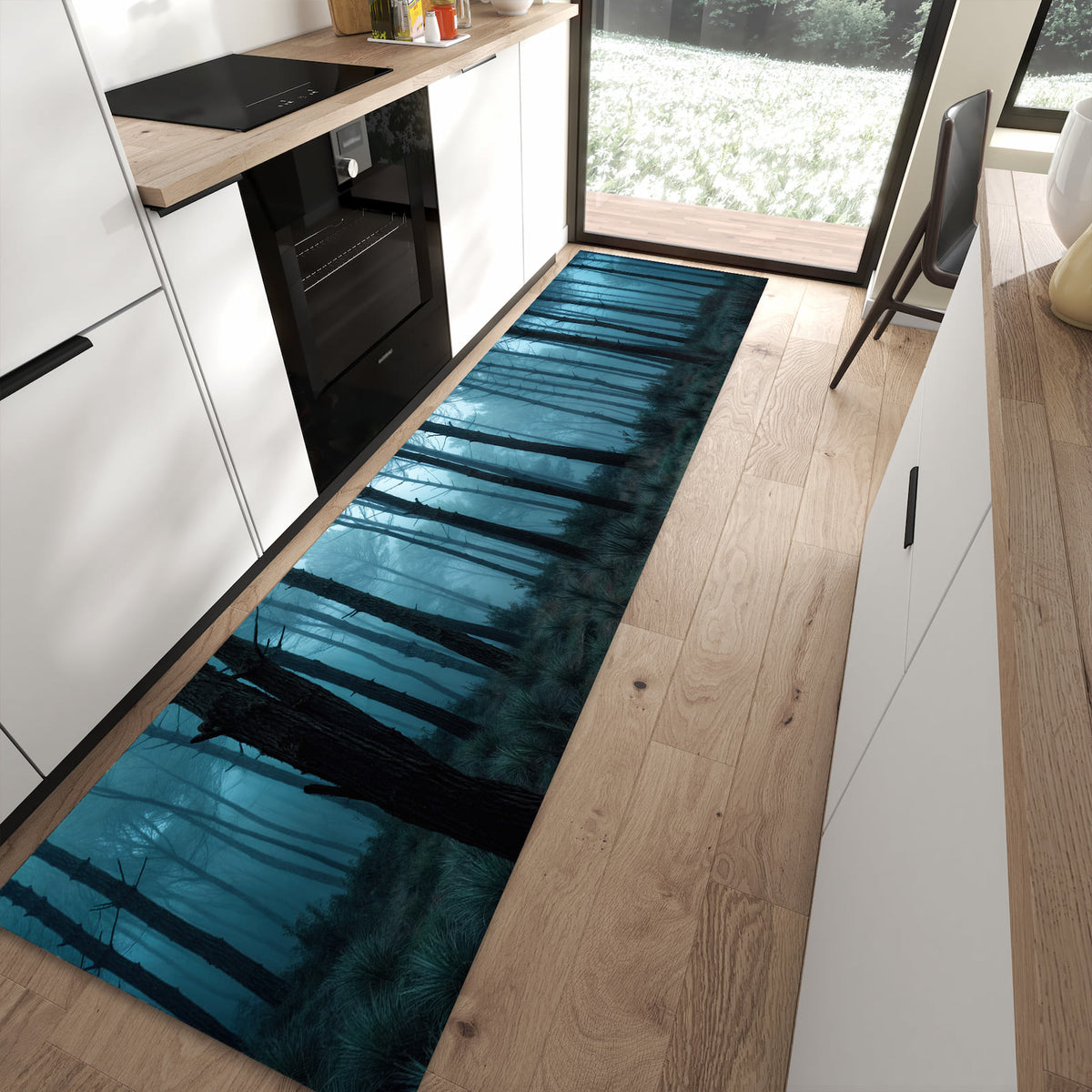 Formstabiler langer Teppich mit Motiv Nebeliger Wald in moderner Küche