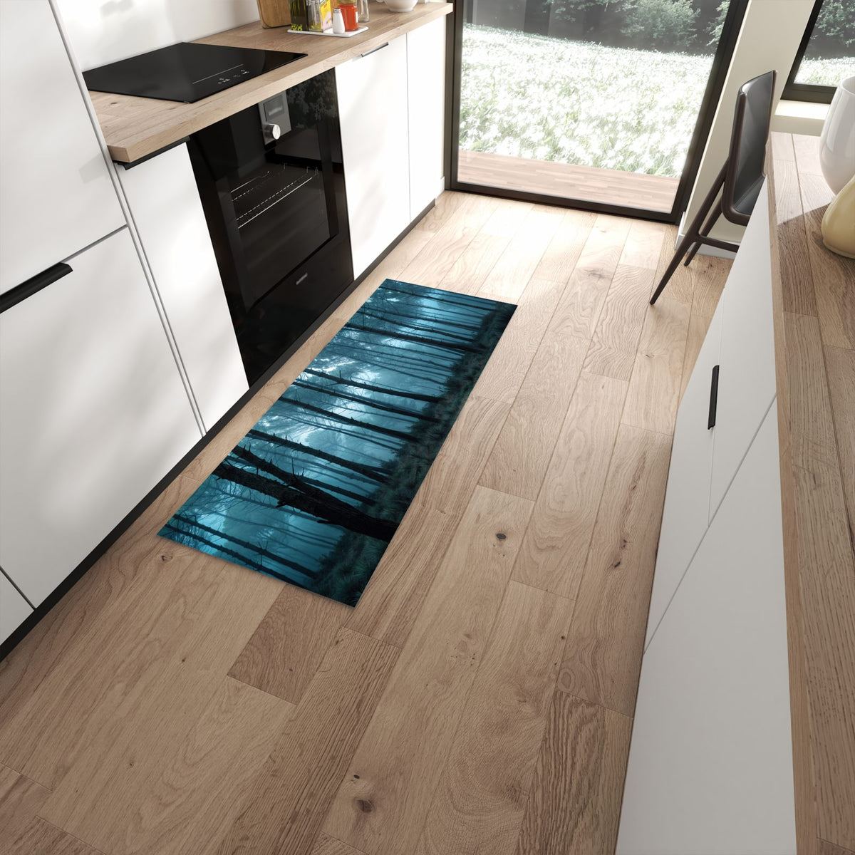 Strapazierfähiger Küchenläufer mit Motiv Nebeliger Wald in moderner Küche #grösse_60 x 150 cm