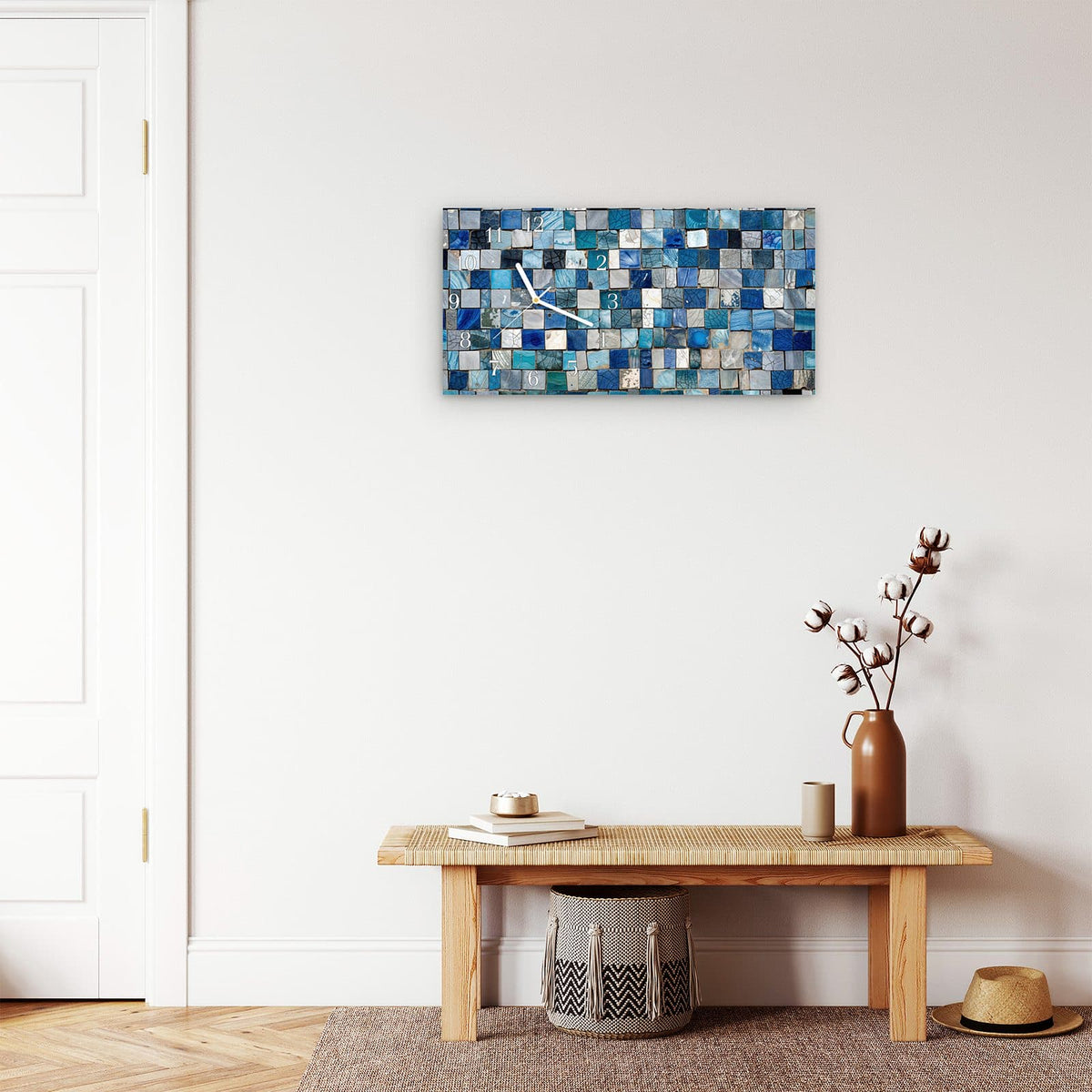 Moderne Wanduhr aus Glas mit Farbtiefe – Wanduhr Mosaikfliesenmuster aus Glas – Querformat 60 × 30 cm