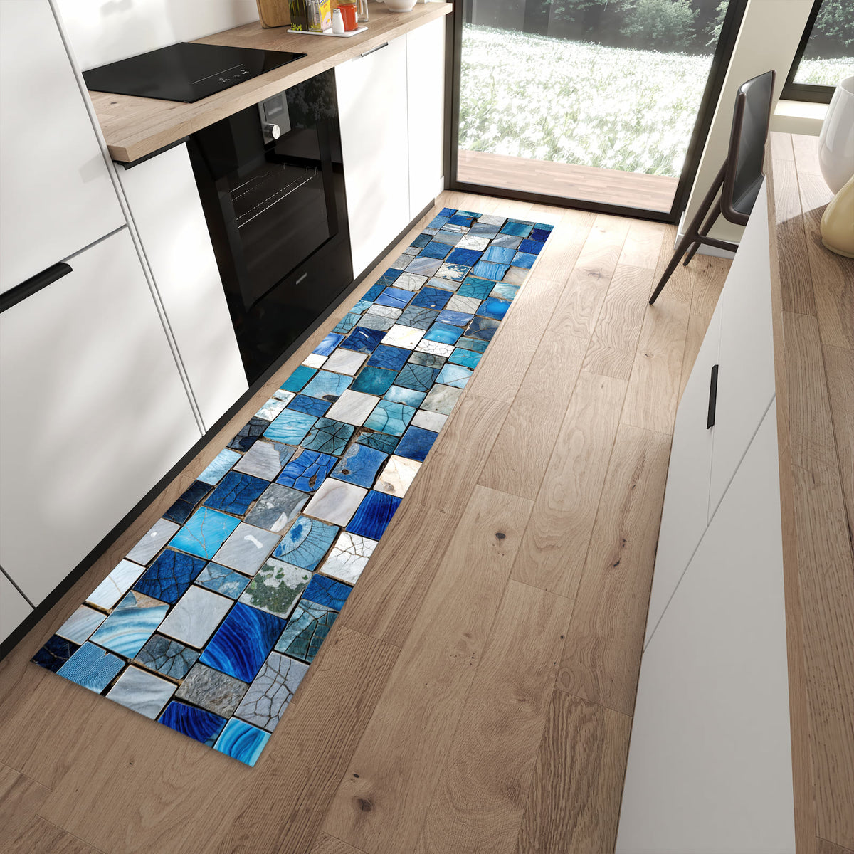 Schmutzabweisender Küchenläufer mit Motiv Mosaikfliesenmuster in moderner Küche