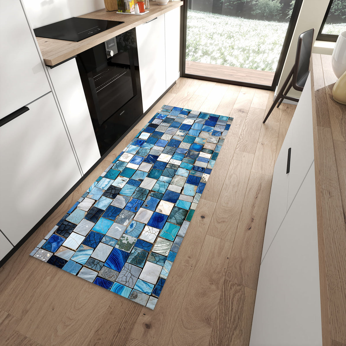 Flacher Küchenteppich mit Motiv Mosaikfliesenmuster in moderner Küche