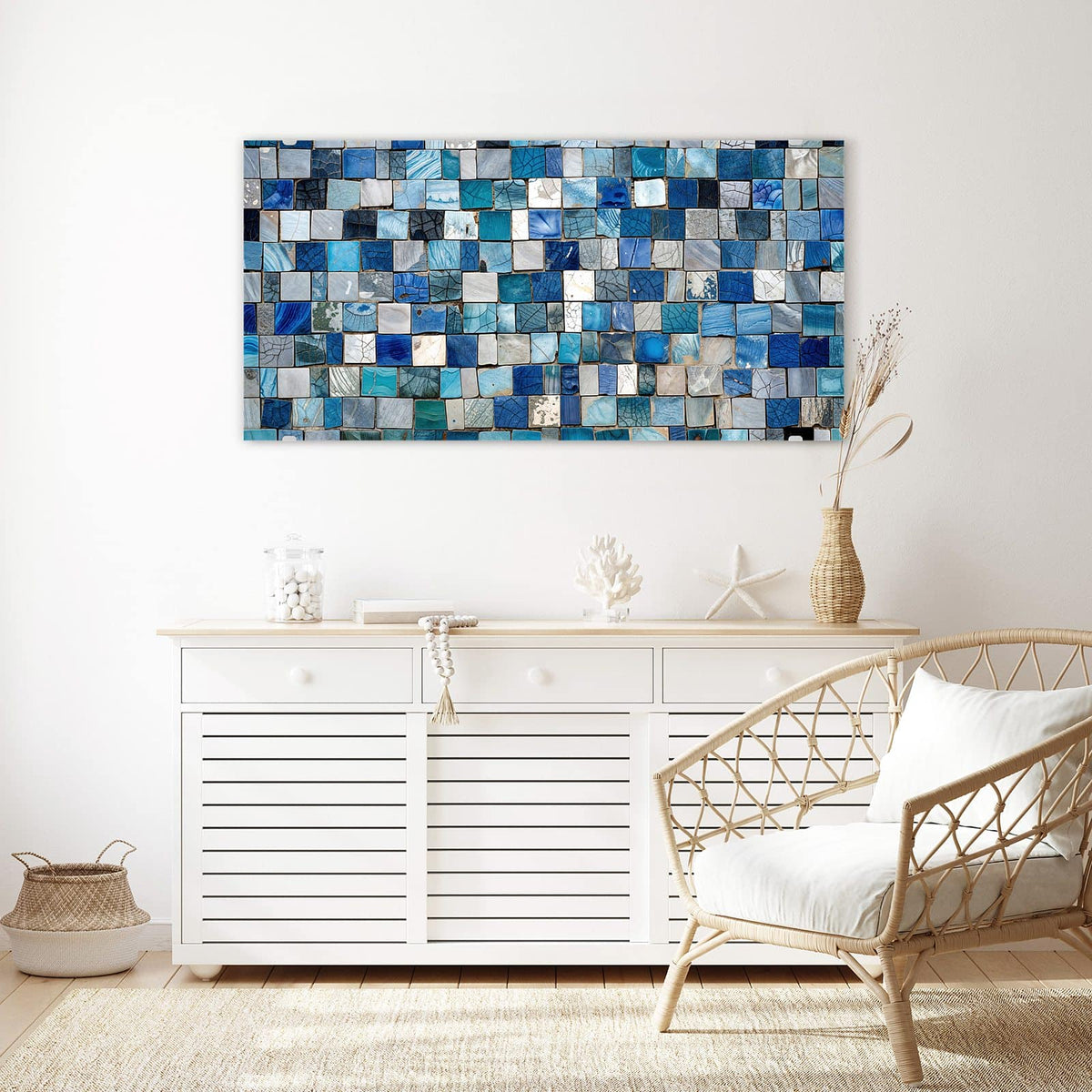 Echtglas, 4 mm – kein Acryl, keine Folie – Wandbild - Blaue Marmorfliesen - Querformat