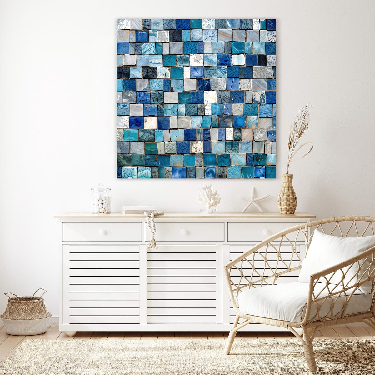 Echtglas, 4 mm – kein Acryl, keine Folie – Wandbild - Blaue Marmorfliesen - Quadratisch