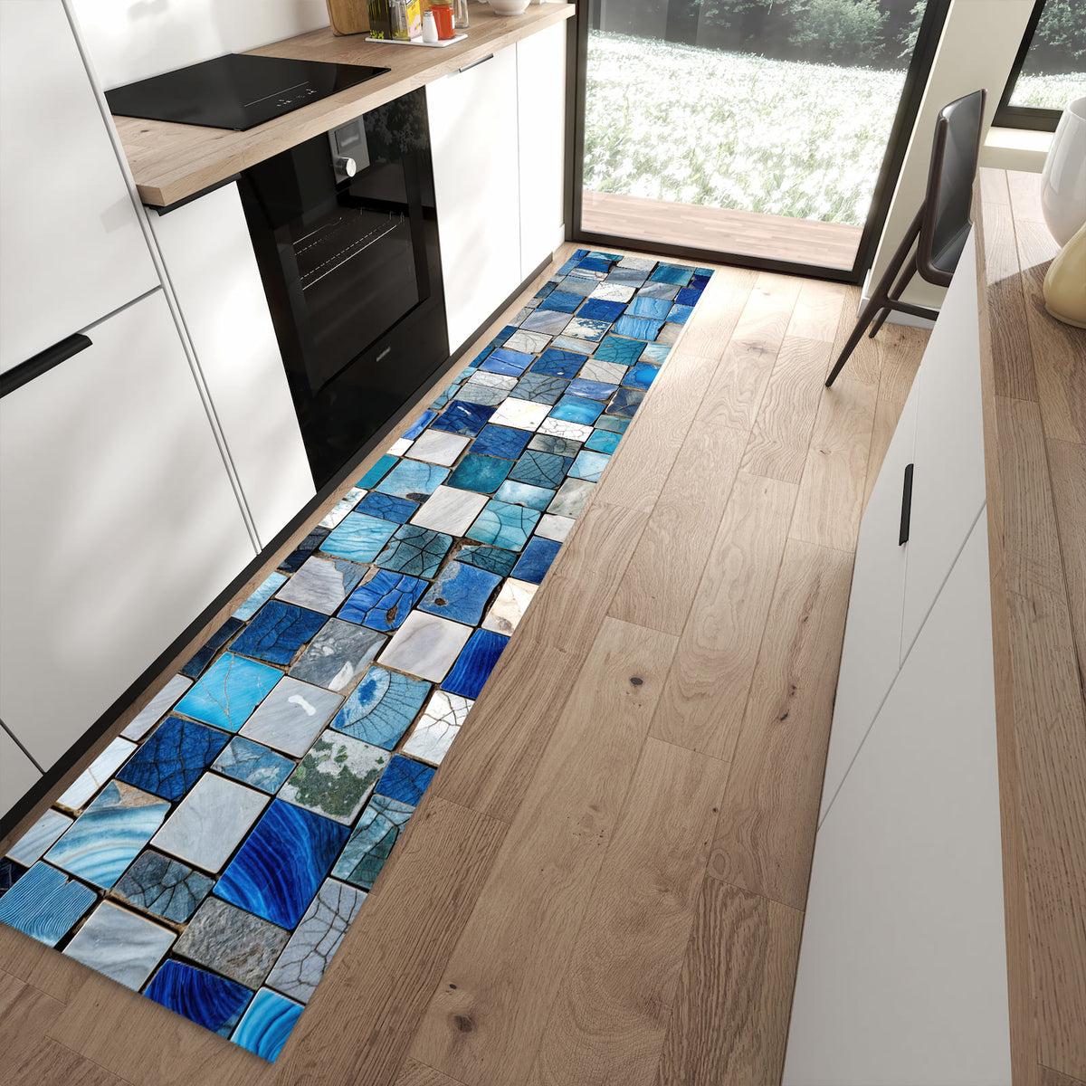 Geruchsneutraler Küchenteppich mit Motiv Mosaikfliesenmuster in moderner Küche