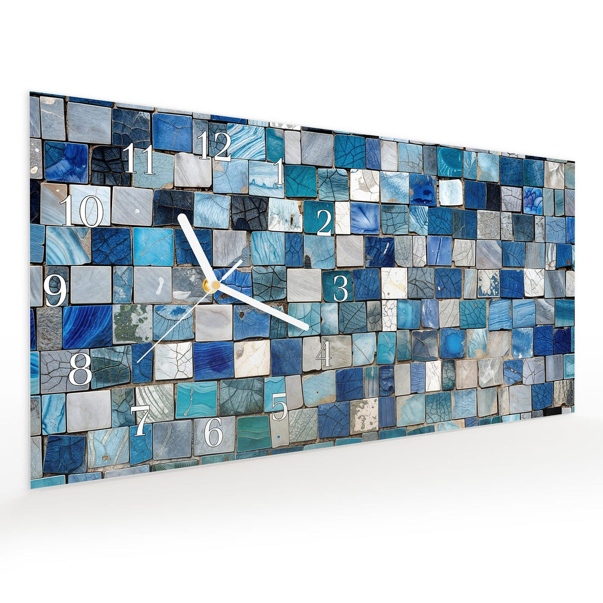 Vormontiert – mit Schwebeeffekt – Wanduhr Mosaikfliesenmuster aus Glas – Querformat 60 × 30 cm